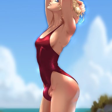 1futa, balls, breasts, bulge, cleavage, dickgirl, erection, erection under clothes, futanari, looking at viewer, one-piece swimsuit, penis, penis under clothes, sprinklepoo, swimsuit