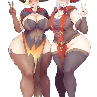 2girls, alternate costume, ashe (overwatch), big ass, big breasts, blush, breasts, cleavage, female, female only, huge ass, large breasts, looking at viewer, mercy, overwatch