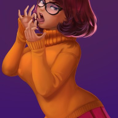 brown hair, clothed, clothing, glasses, makeup, open mouth, oral invitation, scooby-doo (series), sexually suggestive, shadman, velma dinkley