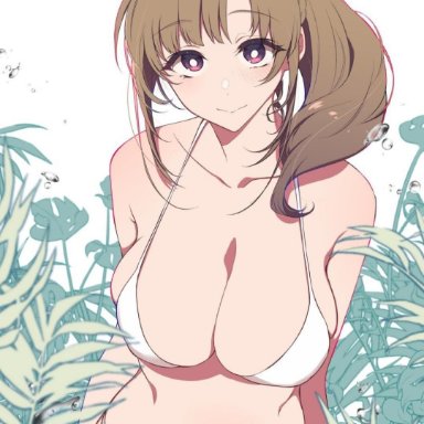 big breasts, bikini, blush, brown hair, cleavage, long hair, mature female, milf, navel, oosuki mamako, purple eyes