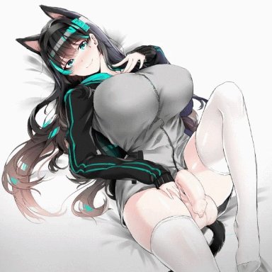 animated, autofacial, balls, blue eyes, box20502017, cat ears, cat girl, climax, cum, cum in face, dick growth, facial, full-package futanari, futanari, huge breasts