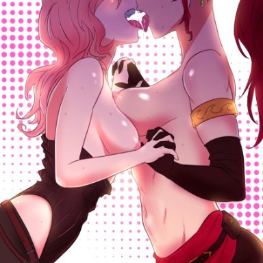2girls, big breasts, breast press, clothes, green eyes, hand holding, heterochromia, kissing, multicolored hair, neo (rwby), pyrrha nikos, red hair, rwby, size difference, sytokun