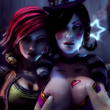 1boy, 2girls, 3d, animated, areolae, big breasts, big penis, borderlands, breast grab, breasts, erection, fellatio, female, large breasts, lilith