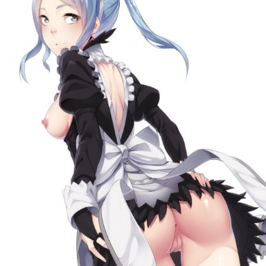 1girl, anus, ass, blue hair, breasts, dannex009, fire emblem, flora (fire emblem), grey eyes, looking at viewer, looking back, maid, nipples, nopan, pussy