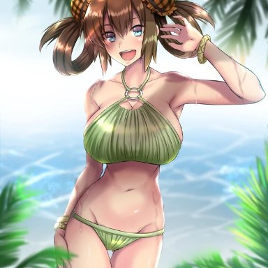 1girls, alternate breast size, alternate hairstyle, alternate outfit, armpits, belly, big breasts, bikini, blue eyes, breasts, brown hair, cleavage, clothed, clothes, day