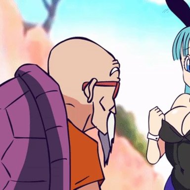 animated, big breasts, blue eyes, blue hair, bouncing breasts, breasts, bulma briefs, bunny ears, bunnysuit, dragon ball, master roshi, nipples, nosebleed