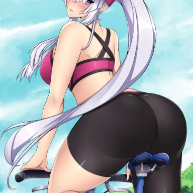 ass, baseball cap, bike, bike seat, bike shorts, blush, breasts, female, frolaytia capistrano, hair ornament, hairclip, hat, heavy object, huge ass, large breasts