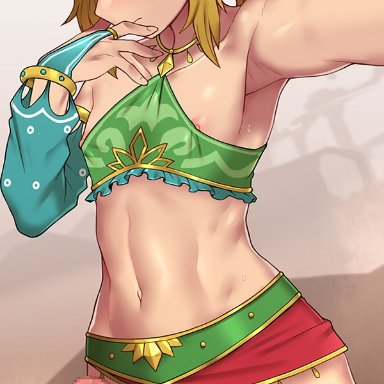 1boy, alternate costume, balls, breath of the wild, censored, erection, femboy, foreskin, gerudo link, girly, link, looking at viewer, male, male only, nt00