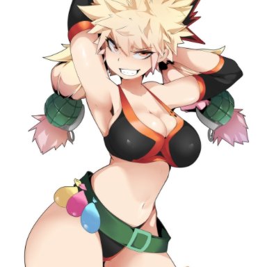 1girls, 2019, armpits, arms behind head, artist name, belt, bikini, breasts, cleavage, cowboy shot, female, genderswap (mtf), high resolution, hotvr, katsuki bakugou