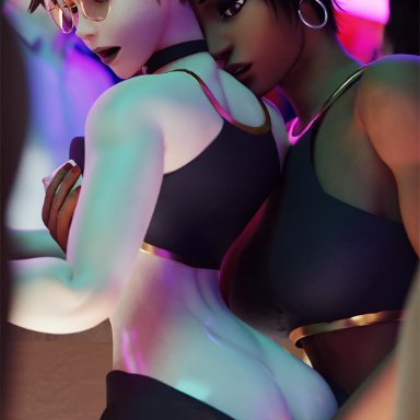 2girls, 3d, ass, breast grab, dark skin, dark-skinned female, female, female only, fingering, interracial, junkerz, overwatch, pharah, tracer, yuri