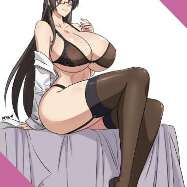 bra, breasts, brown hair, devil-v, erect nipple, female, female only, glasses, green eyes, hasegawa chisato, highres, huge breasts, lingerie, panties, shinmai maou no testament