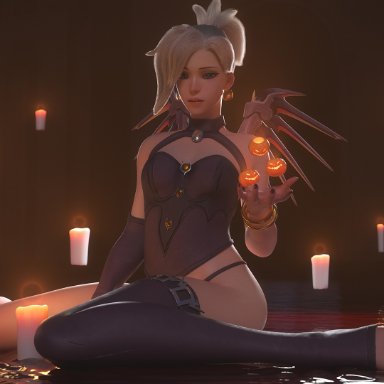 1girls, 3d, alternate costume, feet, female, female only, looking at viewer, mercy, overwatch, pinup, solo, thighhighs, toes, velocihaxor, witch mercy