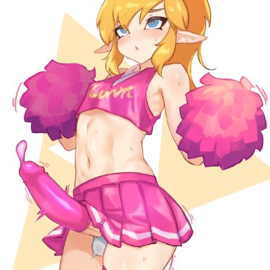 1boy, ahe gao, androgynous, blue eyes, blush, breath, canon crossdressing, cheer outfit, cheerleader link, cheerleader uniform, condom, condom filling, covered nipples, crossdressing, cum