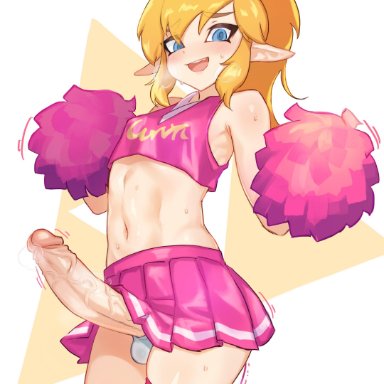 1boy, androgynous, blue eyes, blush, breath, canon crossdressing, cheer outfit, cheerleader link, cheerleader uniform, covered nipples, crossdressing, femboy, garter, girly, highres