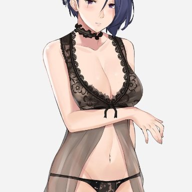 [email protected], big breasts, black bra, black panties, blue hair, bra, choker, cleavage, female, fire emblem, fire emblem: three houses, hair between eyes, j40ck, lace-trimmed legwear, lace-trimmed panties