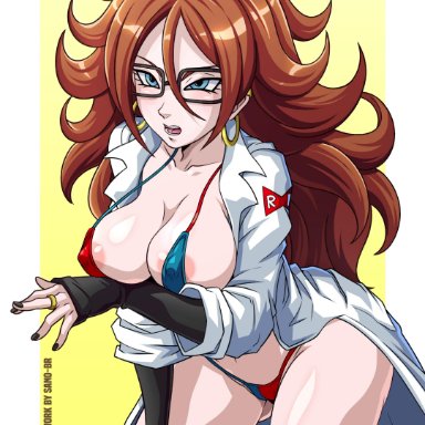 android 21, android 21 (human), big breasts, blue eyes, brown hair, curly hair, dragon ball, dragon ball fighterz, female only, glasses, labcoat, long hair, nice body, ring, sano-br