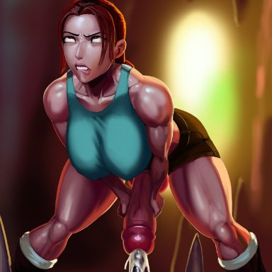 1futa, ahe gao, aka6, biting lip, boots, brown eyes, brown hair, cave, cum, eyes rolling back, futa only, futanari, huge cock, lara croft, large breasts