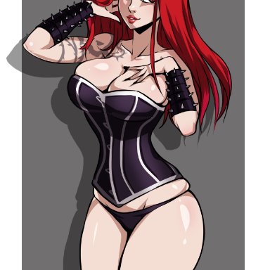 big breasts, corset, kyoffie12, league of legends, panties, pentakill sona, red eyes, red hair, sona, tattoo, thick thighs