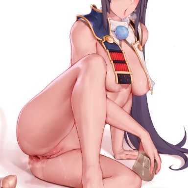 absurdres, ahe gao, anal juice string, areolae, armor, ass, bangs, barefoot, black hair, blue panties, blush, bottomless, breasts, buttplug, clitoris piercing
