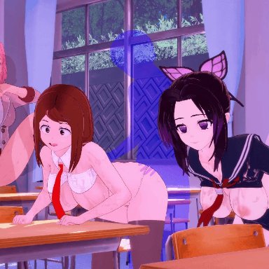 3d, 3dbabes, 3girls, animated, big breasts, breasts, brown hair, classroom, crossover, desk, doggy style, kimetsu no yaiba, kochou shinobu, my hero academia, naruto