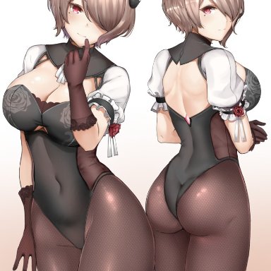 ass, barely visible pussy, big breasts, brown hair, chiyo goya, female only, honkai impact, honkai impact 3rd, looking at viewer, looking back, maid outfit, red eyes, rita rossweisse, short hair, stockings