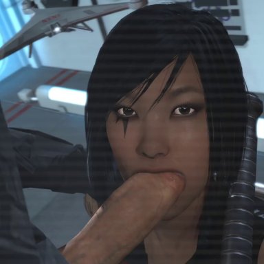 1boy, 1girls, 3d, animated, baton, big penis, black hair, brown eyes, captured, cheek bulge, clothed, droid, eyeshadow, faith connors, fellatio