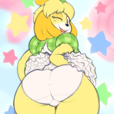 1girl, 1girls, animal crossing, anthro, ass, ass up, huge ass, isabelle (animal crossing), looking at viewer, looking back, nekocrispy, panties, presenting hindquarters, skirt, thick