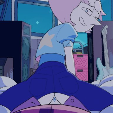 alien girl, animated, anus, back view, clothing, female, forehead jewel, gem (species), hecticarts, light brown hair, looking at another, looking back, male, pearl (steven universe), penis