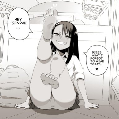 anus, bag, barefoot, english text, feet, female, greyscale, grin, highres, ijiranaide nagatoro-san, legs up, long hair, looking at viewer, monochrome, nagatoro