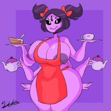 1girls, black hair, detnox, mammal, muffet, naked, naked apron, nipples, no bra, no humans, no panties, purple skin, solo, spider, twintails