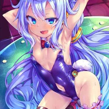 :d, 1boy, animal ears, areola slip, armpits, arms behind back, black legwear, blue eyes, blue hair, blue nails, blush, bulge, bunny boy, bunny costume, bunny ears