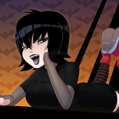ass, big breasts, black hair, blue eyes, breasts, clothed, eyeshadow, fangs, half-closed eyes, hand on head, laying on stomach, legs up, lipstick, makeup, mavis dracula