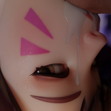 1boy, 1girls, 3d, alternate costume, auxtasy, blender, close-up, cum, cum in mouth, cum inside, cum string, cum swallow, d.va, deepthroat, eye contact