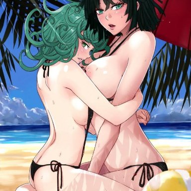 2girls, arms behind back, back, beach, big breasts, black hair, blush, breast press, breast squeeze, breasts, breasts on chest, brown hair, curly hair, embarrassed, eyelashes