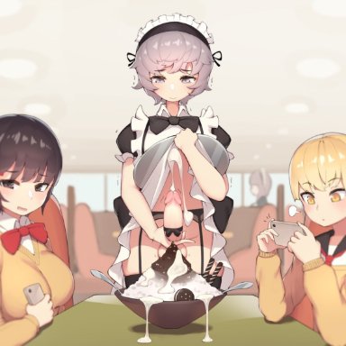 2boys, apron, black bow, black legwear, blonde hair, bow, bowtie, brown eyes, brown hair, ce- -3, cellphone, censored, closed mouth, cum, cum on food