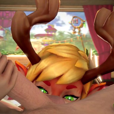 1boy, 1girl, 3d, animated, battlerite, big penis, blonde hair, blossom (battlerite), bwc, erection, female, green eyes, handjob, horns, looking at viewer