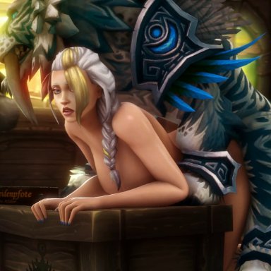 1boy, 1girls, 3d, animated, areolae, bouncing breasts, breasts, female, from behind, jaina proudmoore, male, nipples, noname55, nude, sex