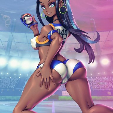 1girls, ass, big ass, breasts, cameltoe, cleavage, dark skin, dark-skinned female, erect nipples, female, female only, looking at viewer, looking back, nessa (pokemon), nipples