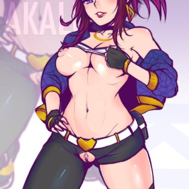 1girls, akali, alternate costume, areolae, big breasts, breasts, female, female only, k/da akali, k/da series, large breasts, league of legends, looking at viewer, nipples, pubic hair