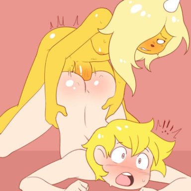 1boy, 1futa, adventure time, anal, anal sex, blonde hair, bronwyn, cartoon network, dezz, finn the human, futa on male, futanari, interspecies, orange skin, tagme