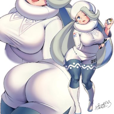 ;), 1girls, arm under breasts, artist request, ass, ass focus, blonde hair, blue eyes, blush, boots, breast focus, breasts, bubble butt, curvaceous, earrings