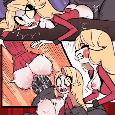 angry, anus, blonde hair, breasts, charlie (hazbin hotel), cute, demon girl, female, genital fluids, hazbin hotel, male, nipples, on table, penetration, pussy