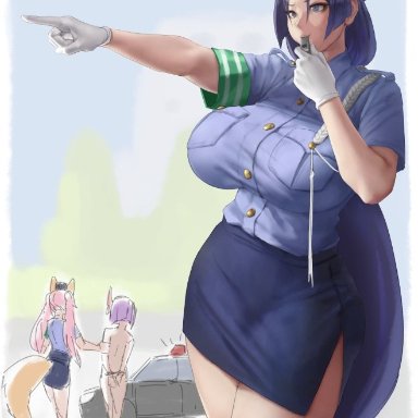 2girls, breasts, cleavage, eu03, fate (series), fate/grand order, female, female only, huge breasts, minamoto no raikou (fate/grand order), police, police uniform, shuten douji (fate/grand order), solo focus