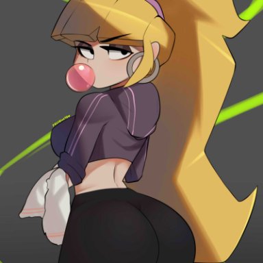 1girls, abstract background, absurd res, ass, big ass, blonde hair, breasts, bubble gum, crop top, earrings, female, gravity falls, hoodie, long hair, looking at viewer