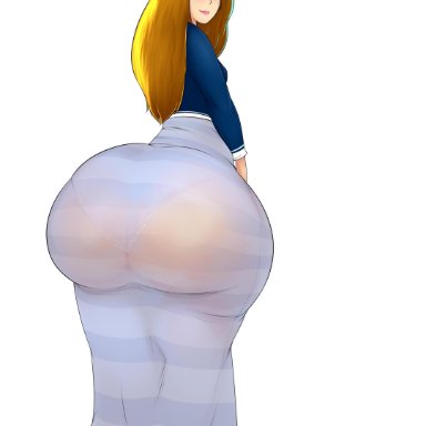 1girls, artist request, ass, big ass, big butt, blonde hair, blue dress, blue topwear, bottom heavy, butt crack, clothed, clothed female, dress, eye contact, female