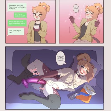 2019, anal, anal masturbation, anthro, asymmetrical hair, balls, blonde hair, cardigan, cellphone, choker, clothing, comic, dialogue, dildo, domestic ferret