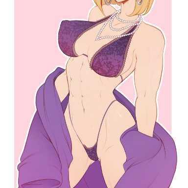 1girls, abs, alternate breast size, alternate outfit, android 18, big breasts, breasts, cleavage, dragon ball, dragon ball z, earrings, eye contact, female, female only, half-closed eyes