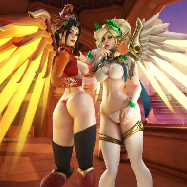 2girls, 3d, absurdres, alternate costume, ass, big breasts, blender, breasts, cleavage, female, female only, highres, large breasts, looking at viewer, mercy