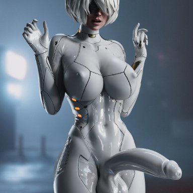 1futa, 3d, absurdres, balls, bodysuit, breasts, cleavage, dickgirl, erect nipples, erection, futa only, futanari, highres, huge cock, looking at viewer