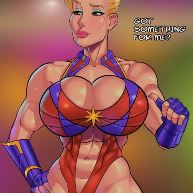 abs, biceps, bimbo, blonde hair, bodysuit, brown eyes, busty, captain marvel, carol danvers, cleavage, eyelashes, eyeshadow, female, female focus, female only